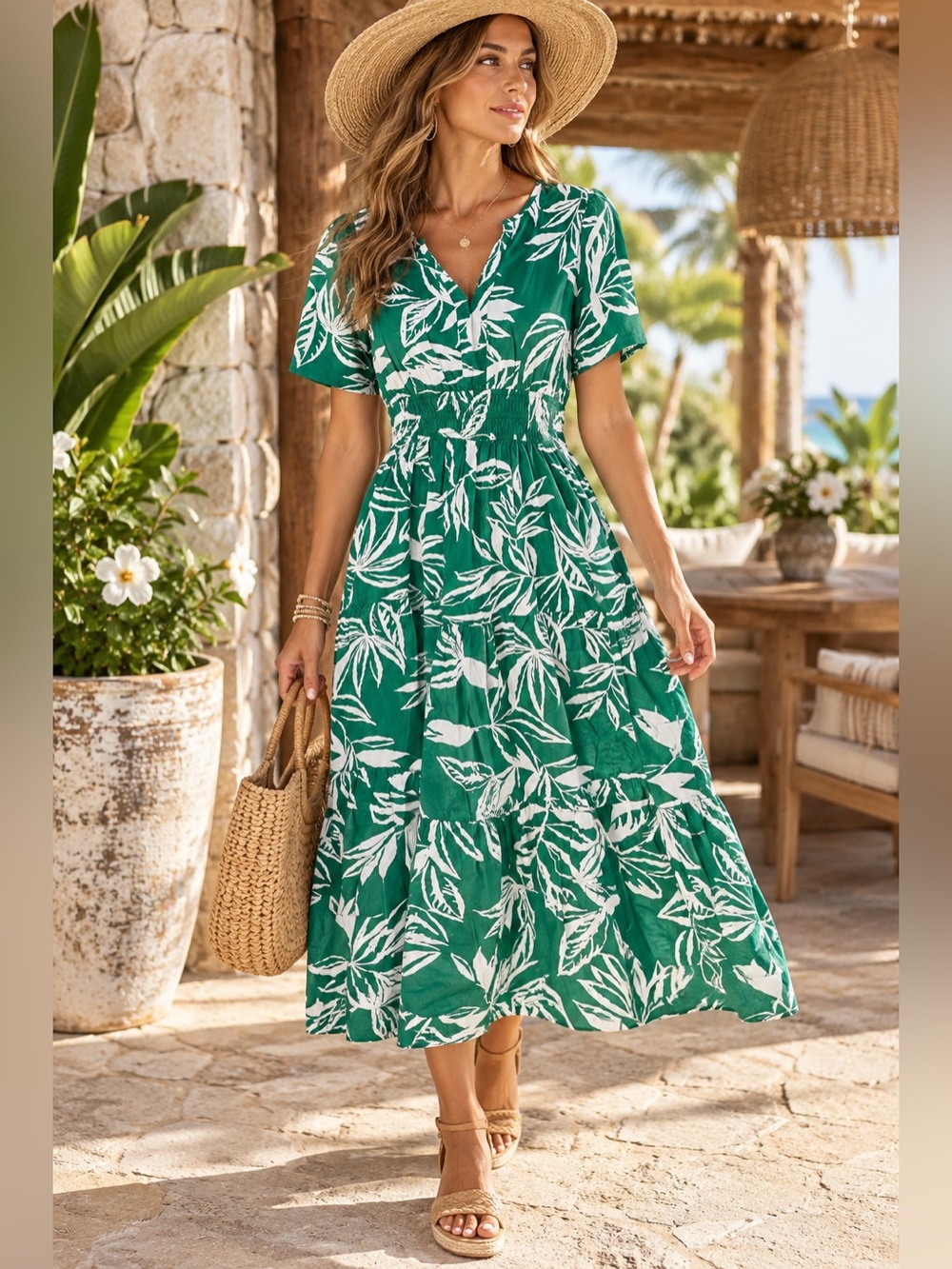 Meadow Rhodes Green White Tropical Leaf Cotton Midi Dress Size Small